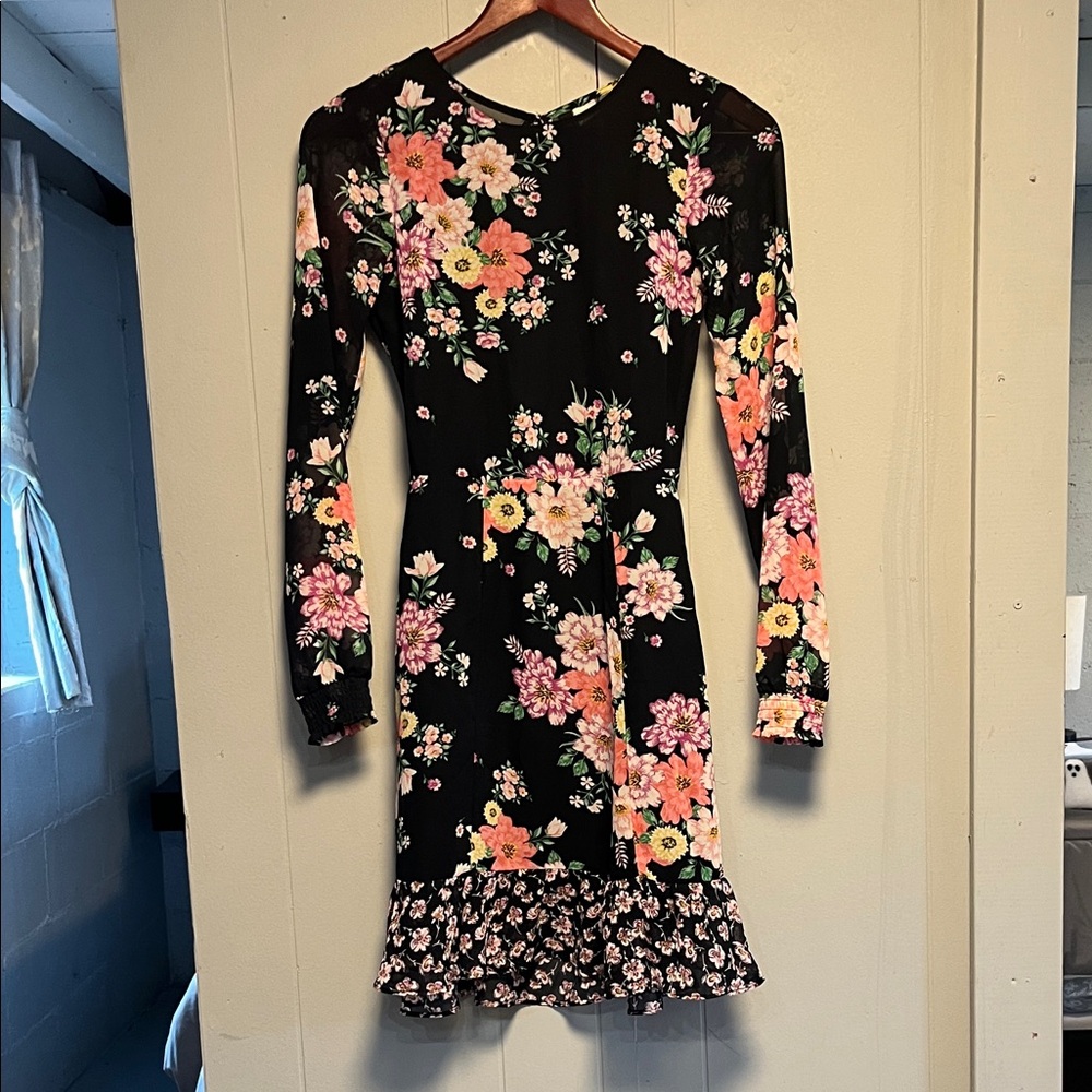 Divided Black Floral Sheer Long Sleeve Backless Dress Size 2